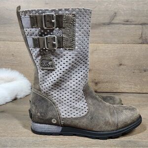 Sorel Major Pull-on Perforated Leather Buckle Boots Gray Tan Suede 8